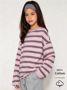 SHEIN 青少年女孩秋季上衣 素色休閒百搭日常長袖T恤，假日穿搭，舒適 - 粉色 - 查看 3