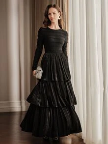 Anewsta French Style 3D Ruffled Shirred Long Sleeve Triple Layer Glossy Shirred Full Skirt Black Dress - Black - View 1