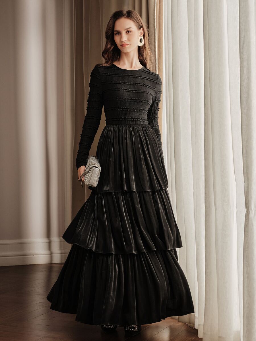 Anewsta French Style 3D Ruffled Shirred Long Sleeve Triple Layer Glossy Shirred Full Skirt Black Dress - Black - View 1
