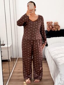 Napfluff CURVE Napfluff CURVE Plus Size Women's Casual Knit Contrast Lace Bow Print Loungewear Pajama Set - Brown - View 4