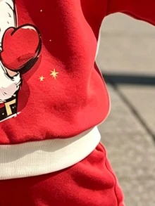 小男孩 2件/套聖誕衛衣套裝，紅白對比色聖誕老人印花，寬鬆短袖圓領，秋季男孩套裝，休閒 - 紅色 - 查看 3