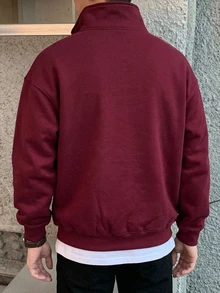DAZY 男士純色 Polo 領可調節鈕扣設計套頭運動衫，秋冬季 1/4 拉鍊連帽衛衣 - 酒紅色 - 查看 2
