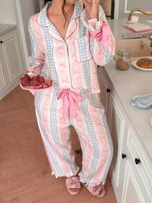 Slumberry CURVE Plus Size Women Sweet INS Style Striped Bow Plaid Print Contrast Color Lapel Long Sleeve Pants Pajama Set - Multicolor - View 6