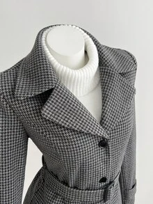 Mori Grove Mori Grove Women's New Lapel Collar Long Sleeve Cinched Waist Waist Slim Fit Houndstooth Tweed Jacket, Versatile For Daily Commute, Spring Autumn Winter, Preppy Style - Grey - View 5