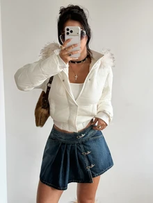 Jeanoix Women's Y2K Fashion Metal Buckle Washed Denim Skirt - Dark Wash - View 1