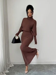 Elenzga Autumn/Winter Ribbed Sweater And Long Skirt 2 Pieces Set - Coffee Brown - View 4