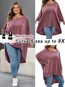 SHEIN CURVE+ 大尺碼女款寬鬆蝙蝠袖不對稱下擺圓領純色彈性舒適休閒夏季上衣，適合秋冬 - 酒紅色 - 查看 1