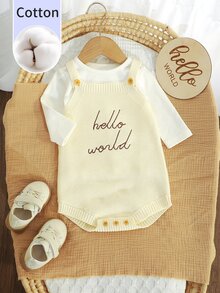SHEIN Infant Cami Sweater Romper Hello World Letter Embroidery Knit Camisole Newborn Commemorative Outfit Minimalist Baby Clothing - Beige - View 5