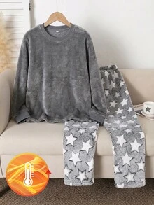 男童灰色純色上衣與星星印花寬鬆長褲2件式居家套裝，雙面法蘭絨加厚抓毛保暖家居服，秋冬款 - 彩色 - 查看 7