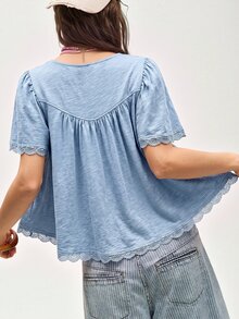 Bohemela 休閒純色針織對比蕾絲飾邊女款T恤 - 藍色 - 查看 2
