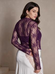Anewsta Sexy Sheer Lace Long Sleeve Top - Purple - View 2