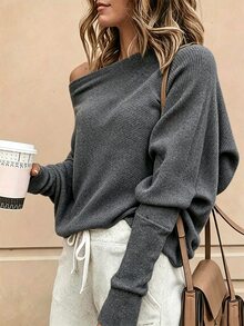 SHEIN LUNE 女款春夏純色不對稱領蝙蝠袖長袖寬鬆休閒T恤秋季女裝 - 灰色 - 查看 3