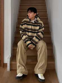DAZY Autumn/Winter Teddy Fleece Vintage Striped Zip-Up Half-Open Hooded Sweatshirt For Men, Korean Style Hoodies - Multicolor - View 9