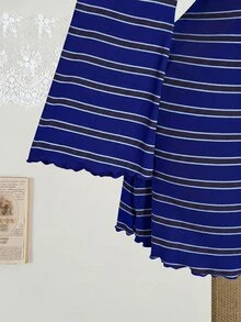 SHEIN ICON 大尺碼彩色條紋露背喇叭袖針織洋裝 鐘形袖條紋洋裝 大圓領秋季洋裝 - 藍色 - 查看 6