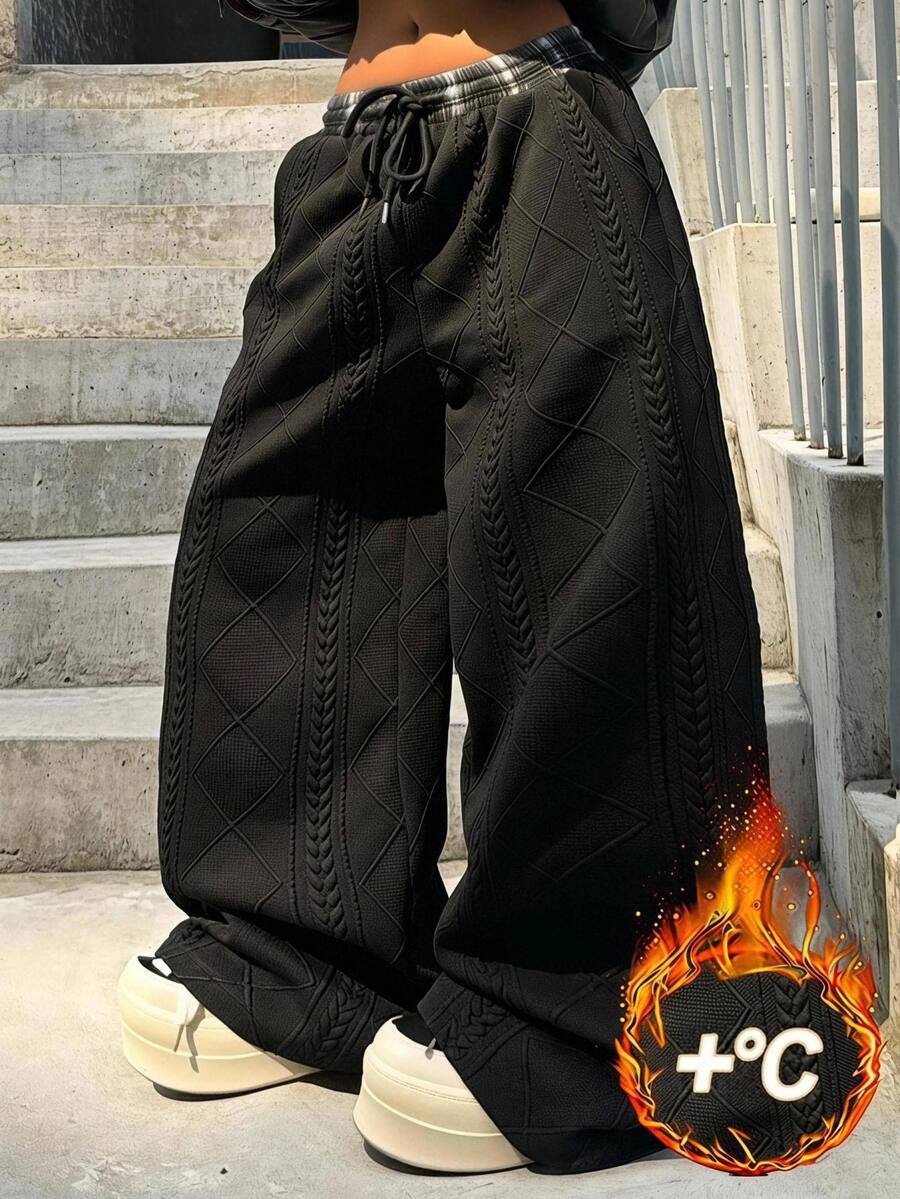 Coolane Women's Fall Winter Casual Basic Minimalist Lounge Textured Knit Black Loose High Waist Drawstring Soft Comfortable Versatile Warm Wide Leg Pants - Black - View 1