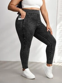 SHEIN CURVE+ بنطلون جينز ضيق عالي المرونة مع جيوب جانبية كاجوال مقاس كبير - الأسود - مشاهدة 3