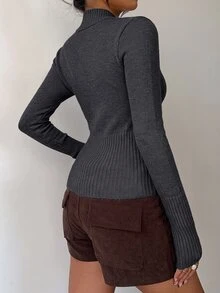 Aloruh Women's Casual Ribbed High Neck Zip-Up Long Sleeve Sweater Cardigan, Yellow, Suitable For Everyday Wear And Sports, Autumn/Winter - Dark Grey - View 2