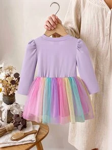 SHEIN Glamorique Kids 女嬰 3D 花朵獨角獸長袖洋裝，薰衣草花瓣袖彩虹薄紗公主芭蕾舞裙，秋季生日可愛女寶寶 - 粉色 - 查看 2