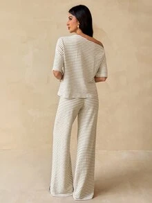 SHEIN Tall Women's Striped Knit Fabric Asymmetrical Shoulder Top + Knit Loungewear 2 Pieces Set - Multicolor - View 2