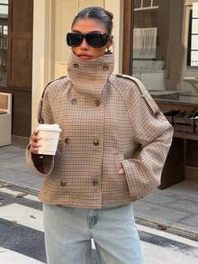 Muchica Women's Autumn/Winter New Brown Plaid Funnel Neck Double-Breasted Casual Loose Overcoat - Multicolor - View 1