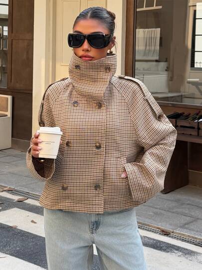 Muchica Women's Autumn/Winter New Brown Plaid Funnel Neck Double-Breasted Casual Loose Overcoat