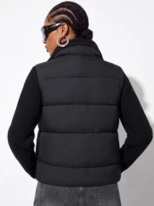 Aveloria GENKIRA Women's Padded Coat Short Straight Knit Patchwork High Neck Drawstring Modern Streetwear Casual Black Quilted Plaid Puffer Jacket Winter Club Everyday - Black - View 2