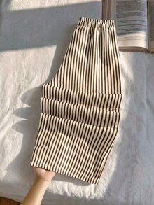 SHEIN Girls' Single Piece Vintage Vertical Striped Wide Leg Pants, High Waist Drawstring Elastic Waist Drapey Loose Casual Straight Leg Long Pants - White - View 2