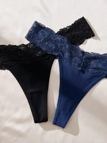 SHEIN 6件裝蕾絲腰帶低腰女款丁字褲 - 彩色 - 查看 3