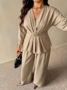 Auralis Plus Size Cross V-Neck Metal Buckle Decor Long Sleeve Top & Straight Leg Pants/Elastic Waistband Set/Khaki – Work/Casual - Khaki - View 2