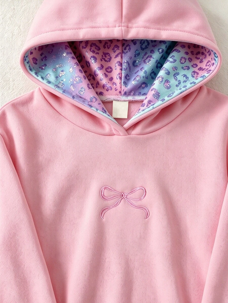 SHEIN 大女孩蝴蝶結刺繡連帽衛衣,對比花卉印花內裡帽兜,長袖休閒柔軟套頭運動衫,適合秋冬 - 粉色 - 查看 1