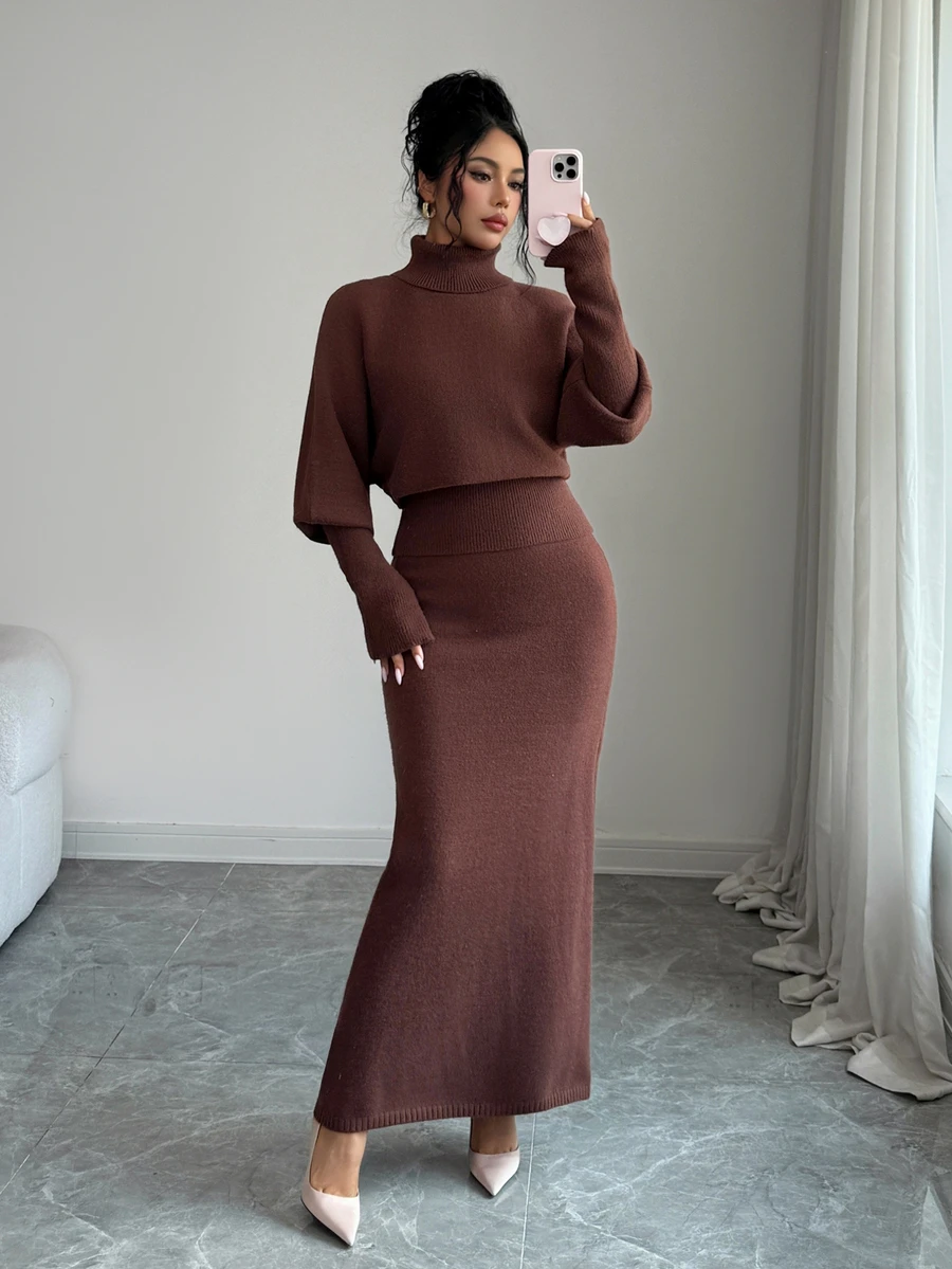 Elenzga Autumn/Winter Ribbed Sweater And Long Skirt 2 Pieces Set - Coffee Brown - View 1