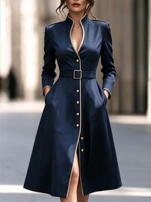 RosyDaze Women's Napoleon Navy Blue V-Neck Long Sleeves Fit Mid Dress Casual Long Dress,Gold Trim Dress,Autumn Winter,Fall,Daily,Casual Commute,Business,Chic - Navy Blue - View 2
