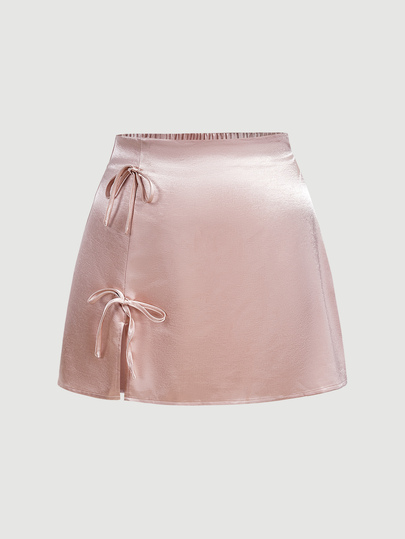 SHEIN MOD Plus Size Women's Pale Rose Satin Skirt, Bow Decor, Elastic Waist, Side Zipper, Suitable For Autumn Date Wear