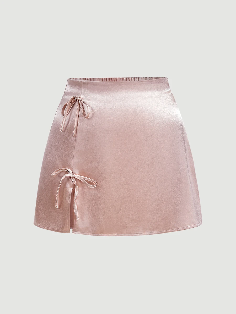 SHEIN MOD Plus Size Women's Pale Rose Satin Skirt, Bow Decor, Elastic Waist, Side Zipper, Suitable For Autumn Date Wear - Pink - View 1