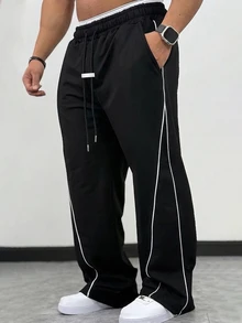 Manfinity Homme Men's Mature Casual Black Colorblock Sports Sweatpants, Plus Size, Perfect Holiday Gift Choice - Black - View 1