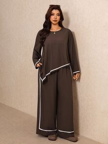 Elaquor Plus Size Women's Colorblock Long Sleeve Top And Pants Casual Daily 2 Pieces Set - Coffee Brown - View 4