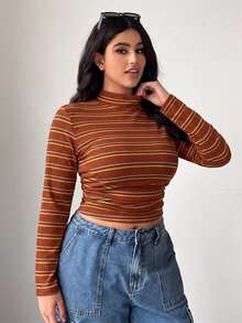SHEIN EZwear 大尺碼休閒條紋立領短版T恤，秋冬條紋高領上衣長袖上衣條紋長袖上衣條紋上衣秋季 - 棕色 - 查看 6