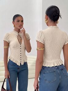 Firerie Lace-Up Hollow V-Neck Short Sleeve Top, Single-Breasted Ruched Waist Cropped Textured Sexy Romantic Elegant Blouse Brunch Date Brown Summer - Apricot - View 5
