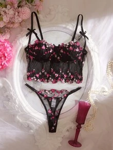 Crystal Vow 2件組酒紅色玫瑰刺繡鋼圈內衣與內褲套裝 女款 - 黑色 - 查看 3