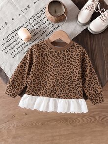 Infant & Toddler Leopard Print Patchwork Ruffle Long Sleeve Top, Vintage Coffee Brown Crew Neck Sweatshirt, Hollow Lace Hem Design, Soft & Skin-Friendly, Spring/Autumn/Winter New Stylish Versatile Piece For Baby Girl - Multicolor - View 2