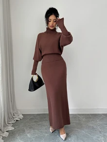 Elenzga Autumn/Winter Ribbed Sweater And Long Skirt 2 Pieces Set - Coffee Brown - View 5