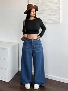 Dripcurv Plus Size Women's Loose Wide Leg Casual Denim Jeans With Pockets - Dark Wash - View 5
