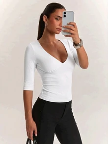 SHEIN BAE 女款極簡純色百搭日常穿著T恤 - 白色 - 查看 4