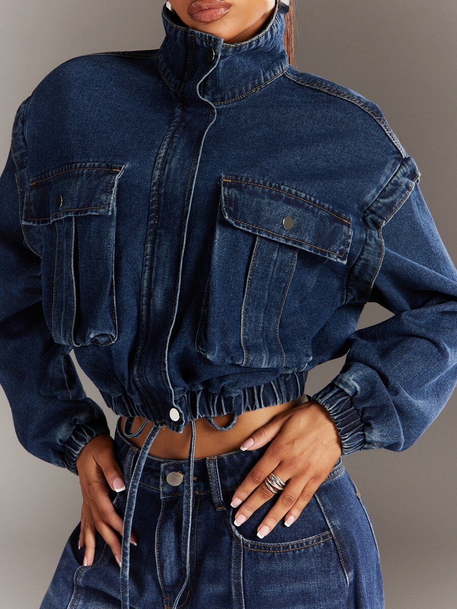 Denimoi Stylish Turtleneck Pocket Cargo Denim Jacket - Dark Wash - View 1