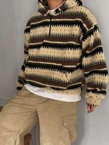 DAZY Autumn/Winter Teddy Fleece Vintage Striped Zip-Up Half-Open Hooded Sweatshirt For Men, Korean Style Hoodies - Multicolor - View 7
