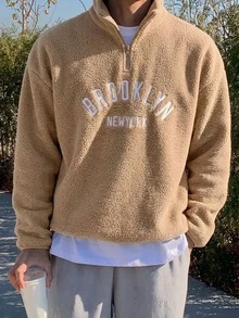 DAZY 秋冬款卡其色字母印花拉鍊立領抓絨套頭衛衣男士連帽衫 - 卡其色 - 查看 3