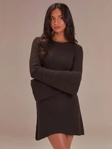 Athîral Women's Solid Color Casual Daily Knit Dress - Coffee Brown - View 5