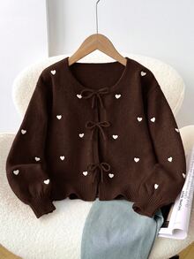 SHEIN Tween女孩寬鬆休閒簡約舒適圓領長袖蝴蝶結波點開襟衫 秋冬返校款 - 棕色 - 查看 1