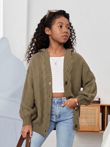 SHEIN 青少年女孩休閒寬鬆連帽長袖針織開襟毛衣外套 大針織 夏季大地色系 秋冬童裝 - 灰色 - 查看 1