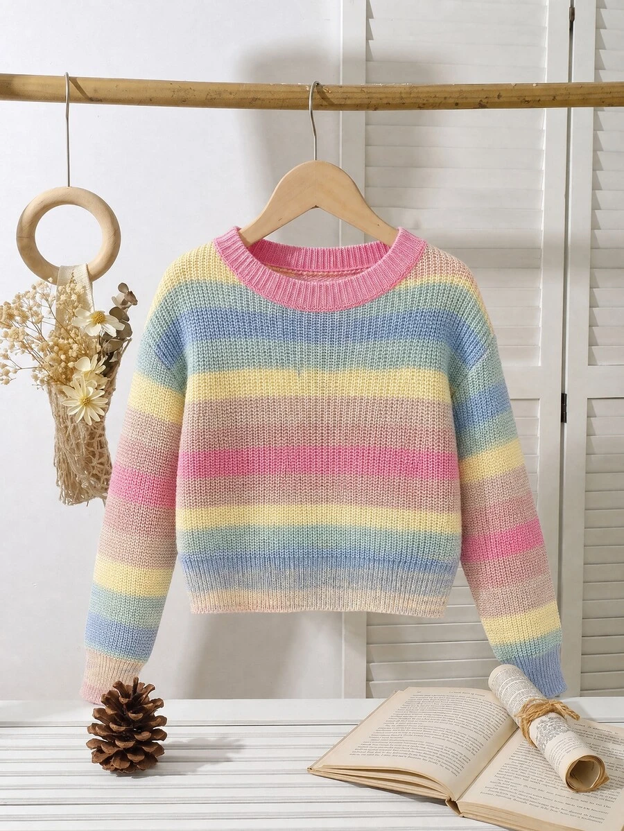 SHEIN New Fashion Versatile Cute Colorful Gradient Purple-Red Pullover Sweater For Girls, Suitable For School, Parties, Ceremonies, Outings, Spring/Summer And Autumn/Winter - Multicolor - View 1